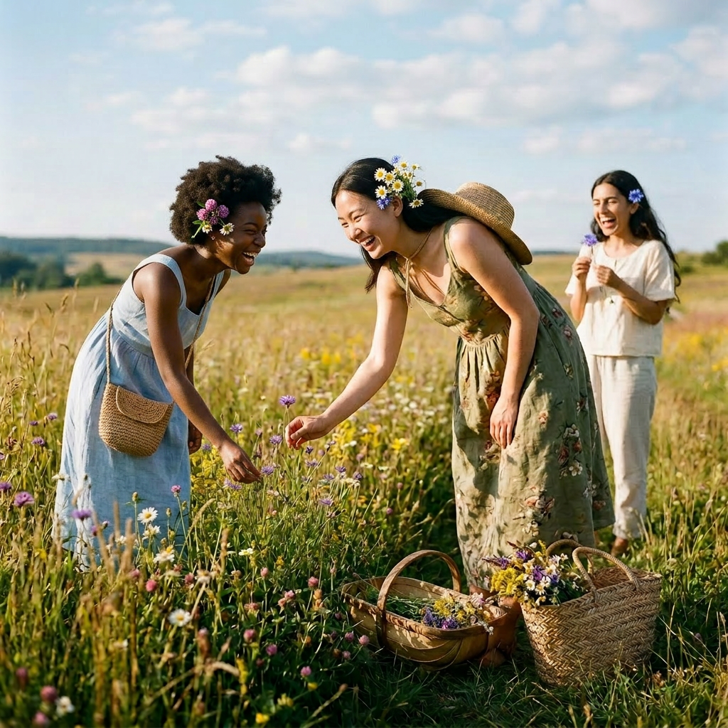 A woman bending to pick wildflowers in a grassy meadow